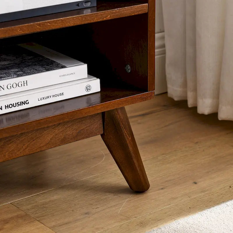 Mid Century TV Stand with Rattan Sliding Doors and Open Shelves - image 6