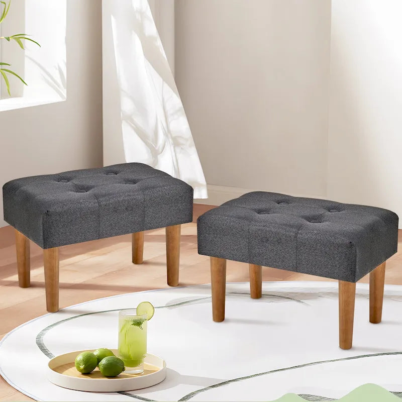 Set of 2 Small Linen Foot Stools with Legs - Rectangle Upholstered Ottoman Footrests - image 1