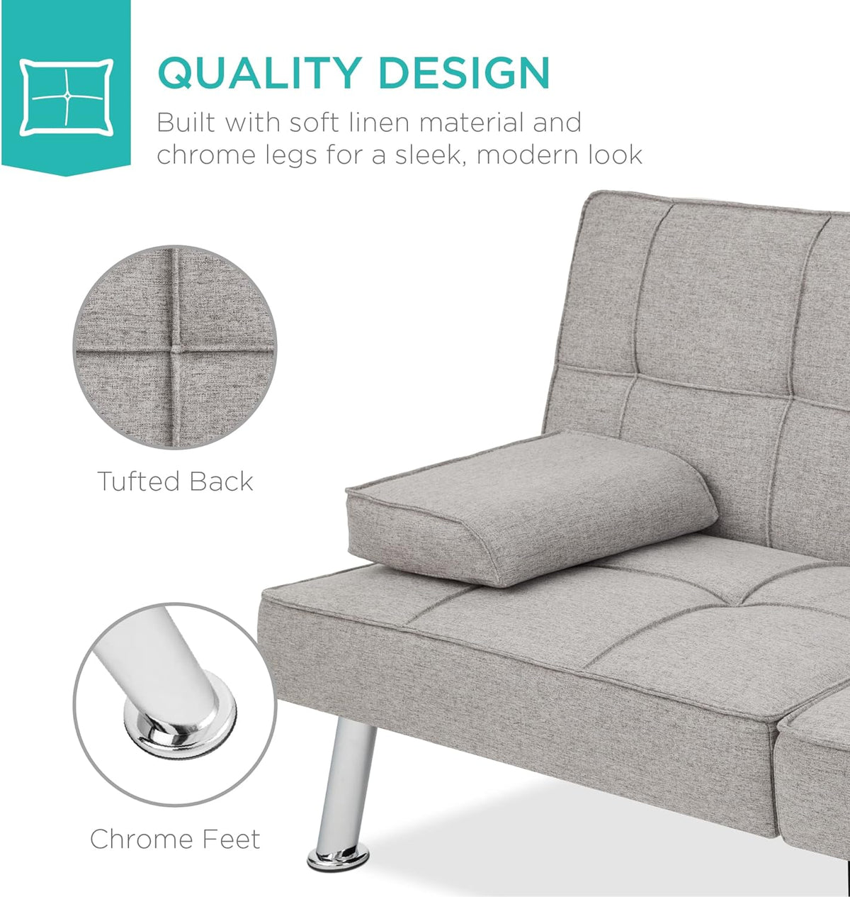 Best Choice Products Linen Upholstered Modern Convertible Folding Futon Sofa Bed for Compact Living Space, Apartment, Dorm, Bonus Room w/Removable Armrests, Metal Legs, 2 Cupholders - Gray - image 21