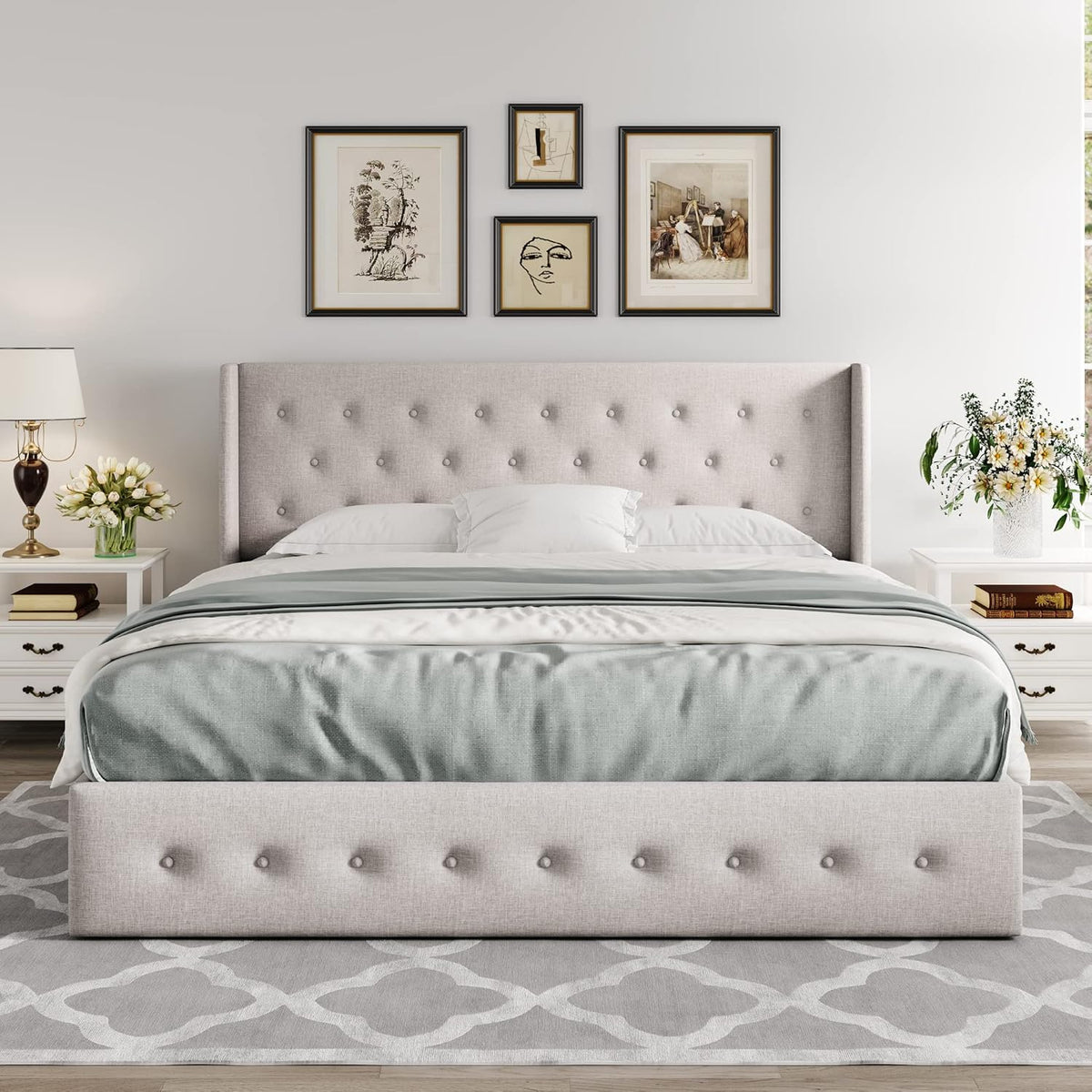 Queen Size Lift Up Storage Bed, Modern Wingback Headboard, Hydraulic Support, No Box Spring Needed, Light Beige - image 2