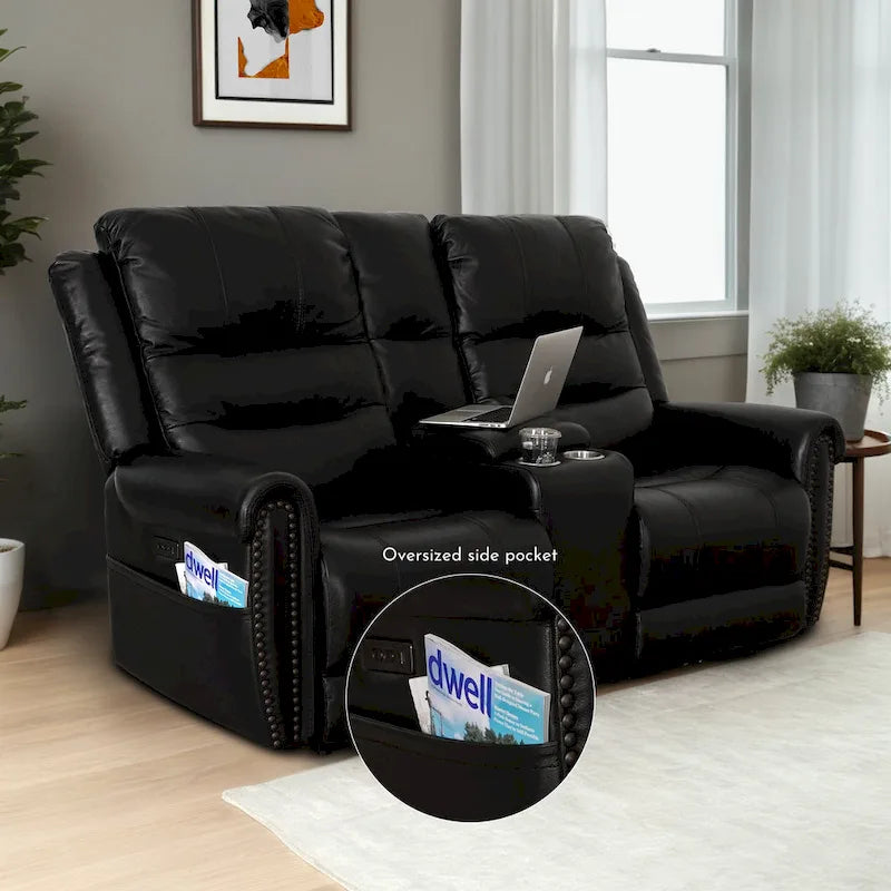 Authentic Leather Black Power Recliner Sofa Set: Loveseat and Recliner with Adjustable Headrest and Extendable Footrest - image 2