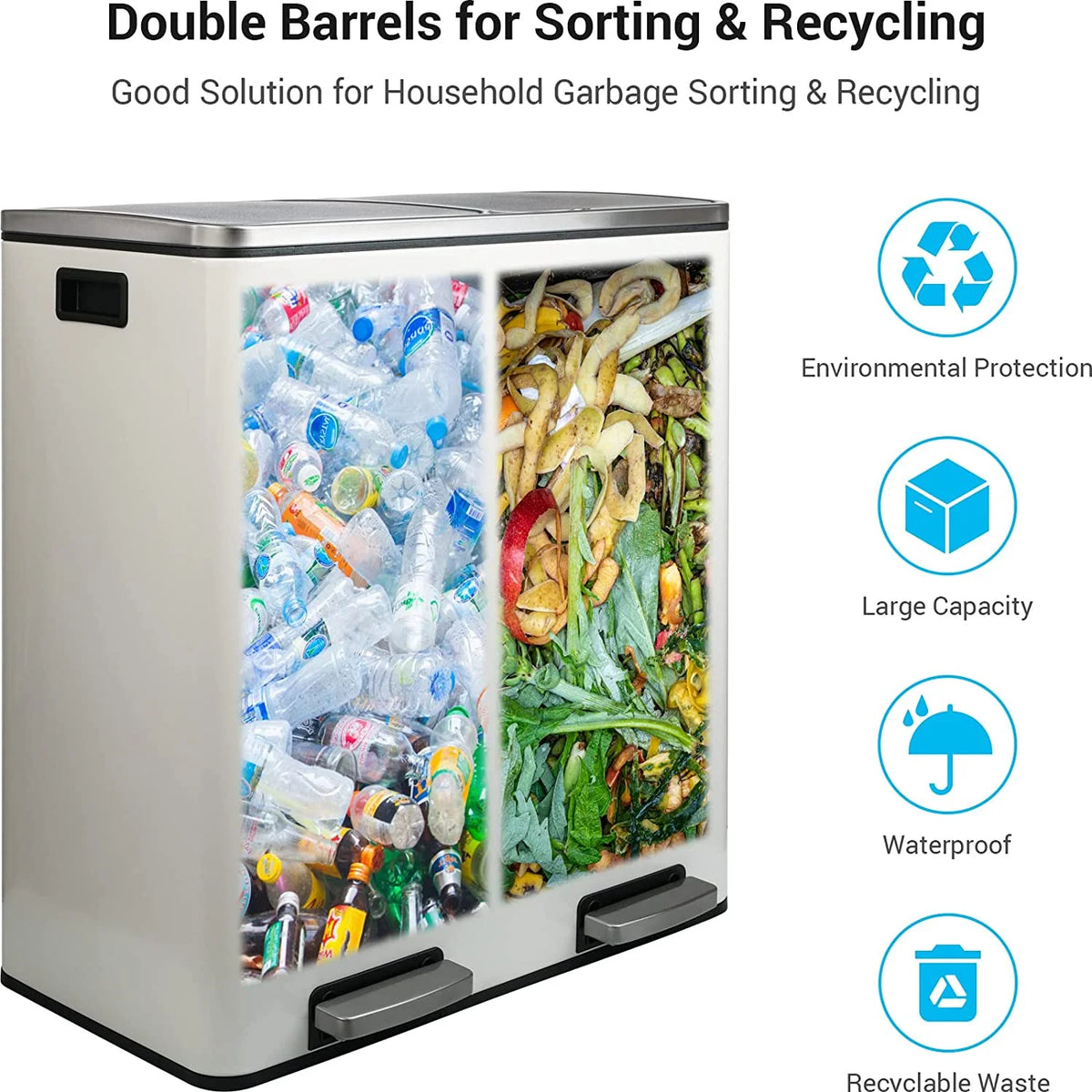 Arlopu 60 L/16 gal Dual Trash Can, Stainless Steel Garbage Can for Kitchen, Recycle Bin with Lid - image 18