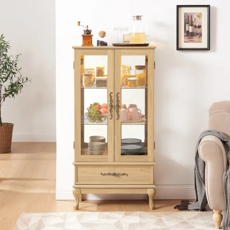 Illuminated Glass Curio Display Cabinet with Adjustable Shelves, Double Doors, and Drawer - Glass Wine Storage Solution - image 4