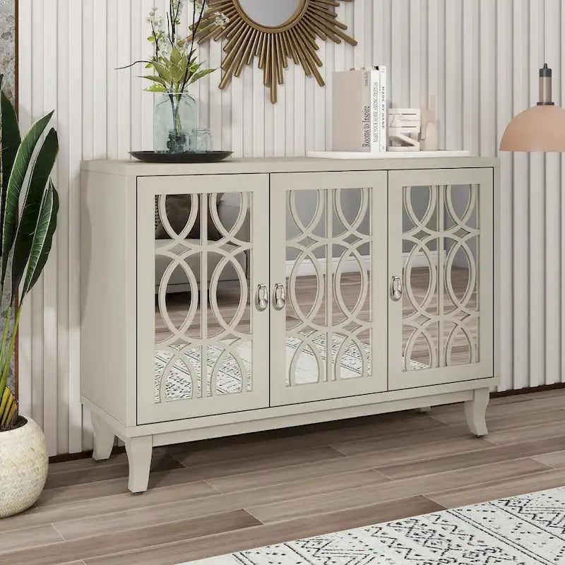 Mirrored Buffet Cabinet with Glass Doors and Silver Handles - 3-Door Sideboard for Living Room, Hallway, and Dining Room - image 5