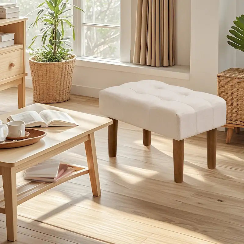 Set of 2 Small Linen Foot Stools with Legs - Rectangle Upholstered Ottoman Footrests - image 27