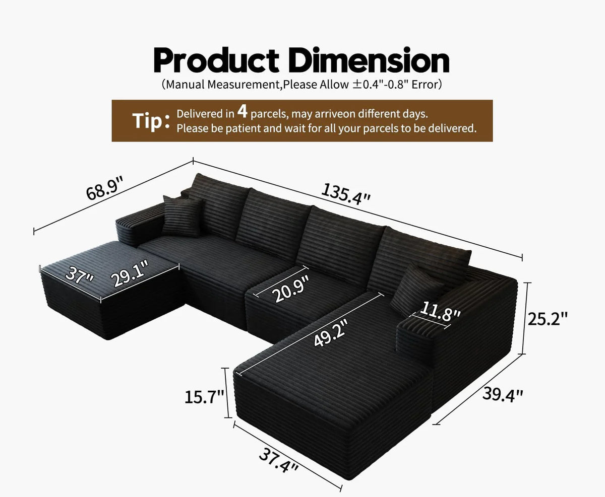 107.5" Cloud Modular Sectional Sofa Couch with L-Shape Chaise,Modern Minimalist Upholstered Couches for Living Room Bedroom,Deep Seat Corner Couch .No Assembly Required (Black,Left Facing Chaise) - image 107