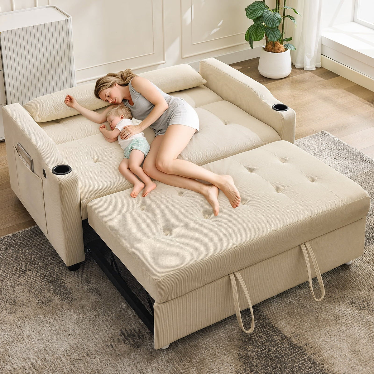 3 in 1 Convertible Sleeper Sofa Bed, Corduroy Futon Couches with Pull-Out Bed, Adjustable Backrest, Charging Port & Side Pockets, Modern Upholstered Sofa for Living Room, Guest Room - image 20