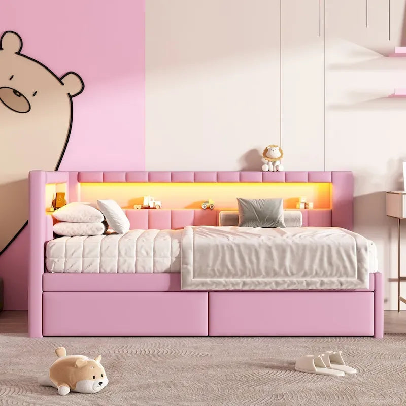 Upholstered Platform Bed with USB Ports & LED Lighting - Full/Twin Size Bed Frame with 2 Storage Drawers - Modern Bedroom - image 20