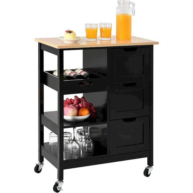 Kleio Solid Wood Kitchen Island Storage Cart with 3 Drawers - Rolling Serving Trolley - image 14