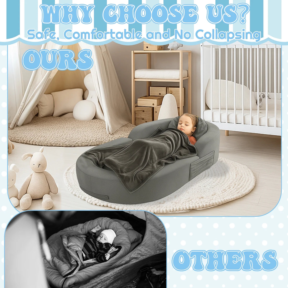 Coumy Toddler Travel Bed 2-in-1 Kids Sofa Chair with Removable Cover, Soft Foam Portable Foldable Toddler Bed for Travel with Carrying Bag, Blue - image 12