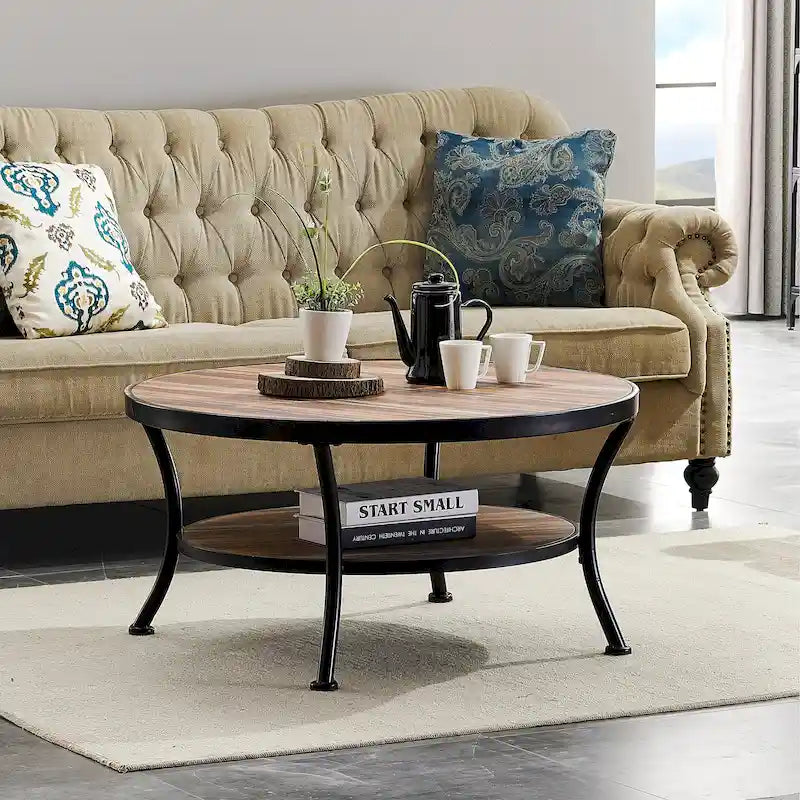 Myhozm Industrial Round Metal Coffee Table with Shelf – Perfect for Living Room, Home Office, and Bedroom - image 2