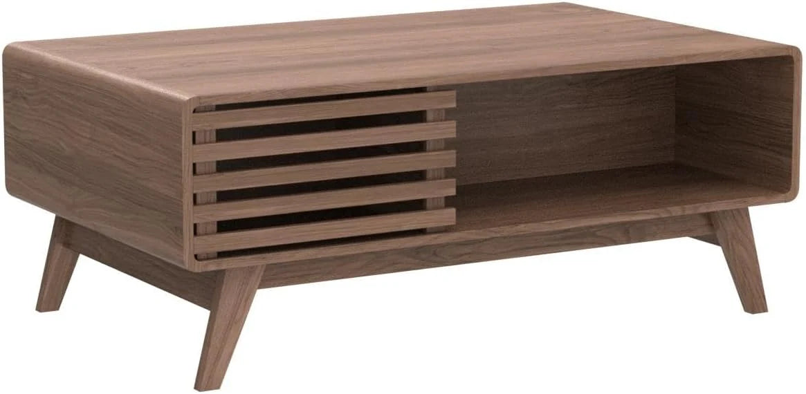 Mopio Ensley Mid Century Modern Rectangle Coffee Table with Dual Storage Shelf, Wood Slat Sliding Door, & Rounded Edge Protection for Living Room, Walnut Grain - image 7