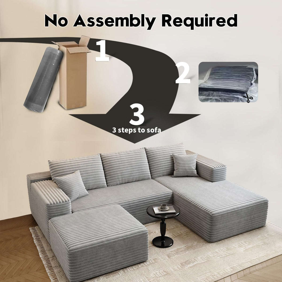 107.5" Cloud Modular Sectional Sofa Couch with L-Shape Chaise,Modern Minimalist Upholstered Couches for Living Room Bedroom,Deep Seat Corner Couch .No Assembly Required (Black,Left Facing Chaise) - image 37