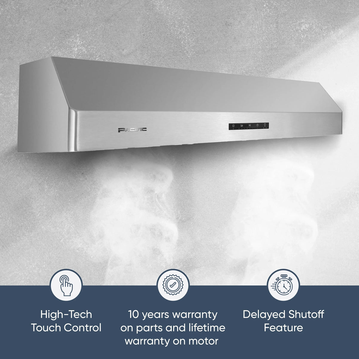 Pacific Economy Pro Under Cabinet Ducted Range Hood 30 inch - 850 CFM 3-Speed Powerful Kitchen Vent Hood - Electric Stainless Steel - Ultra Quiet, Glass Touch Control, 6W LED Lights PR6830AS - image 5