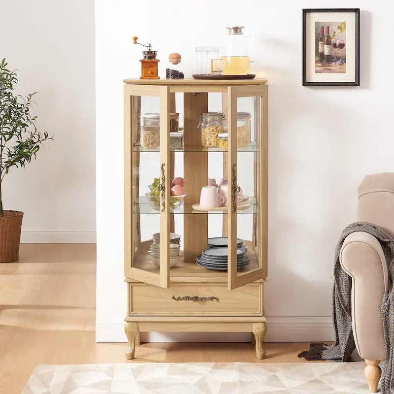 Illuminated Glass Curio Display Cabinet with Adjustable Shelves, Double Doors, and Drawer - Glass Wine Storage Solution - image 16