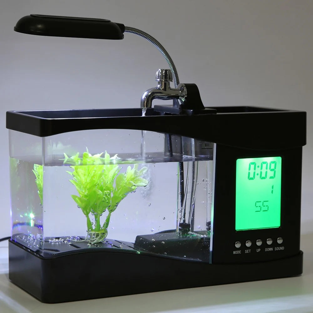 Mini Aquarium Perpetual Calendar Alarm Clock with USB Flowing Lights – LED Desk Fish Tank - image 2