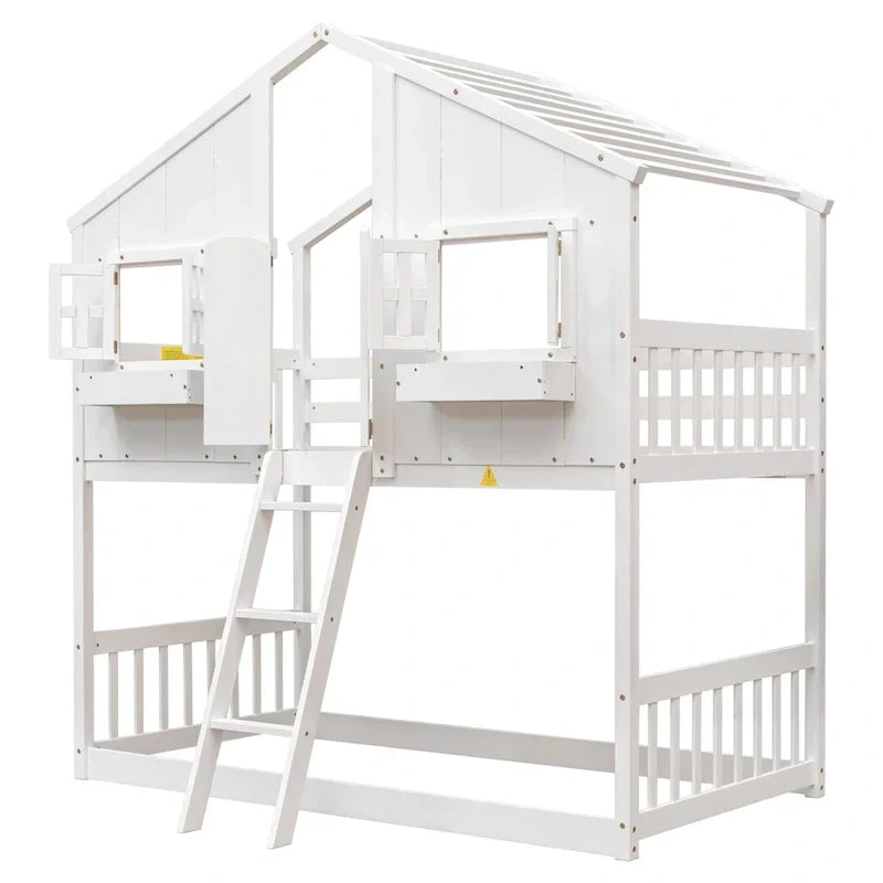 Twin over Twin House Bunk Bed with Roof , Window, Window Box, Door , with Safety Guardrails and Ladder, Grey - image 12