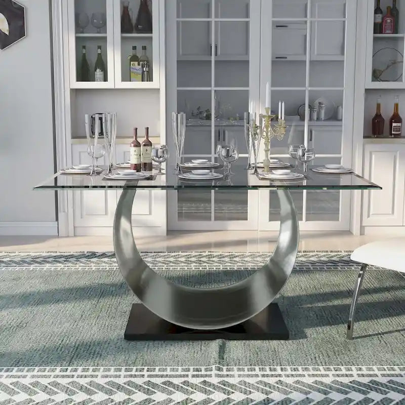 Glass Dining Table Set with 6 Upholstered Chairs and Metal Base - image 3