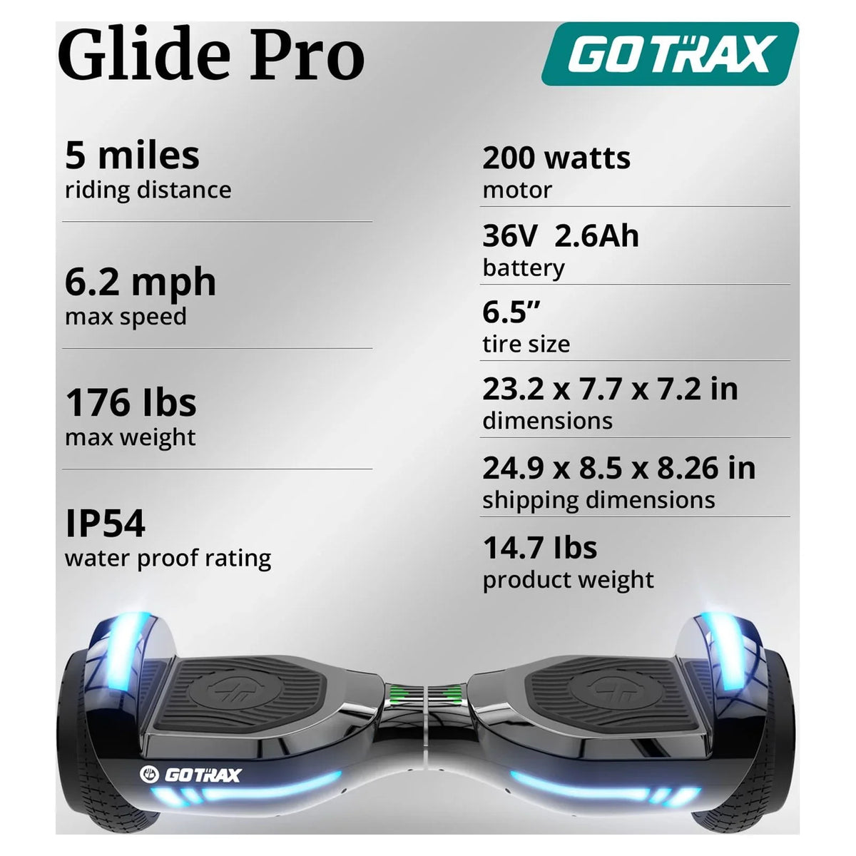 GOTRAX GLIDE PRO Bluetooth Hoverboard, 6.5" Wheels and 7 Colors Lights Self Balancing Scooters for 44-176lbs Kids Adults Silver - image 5
