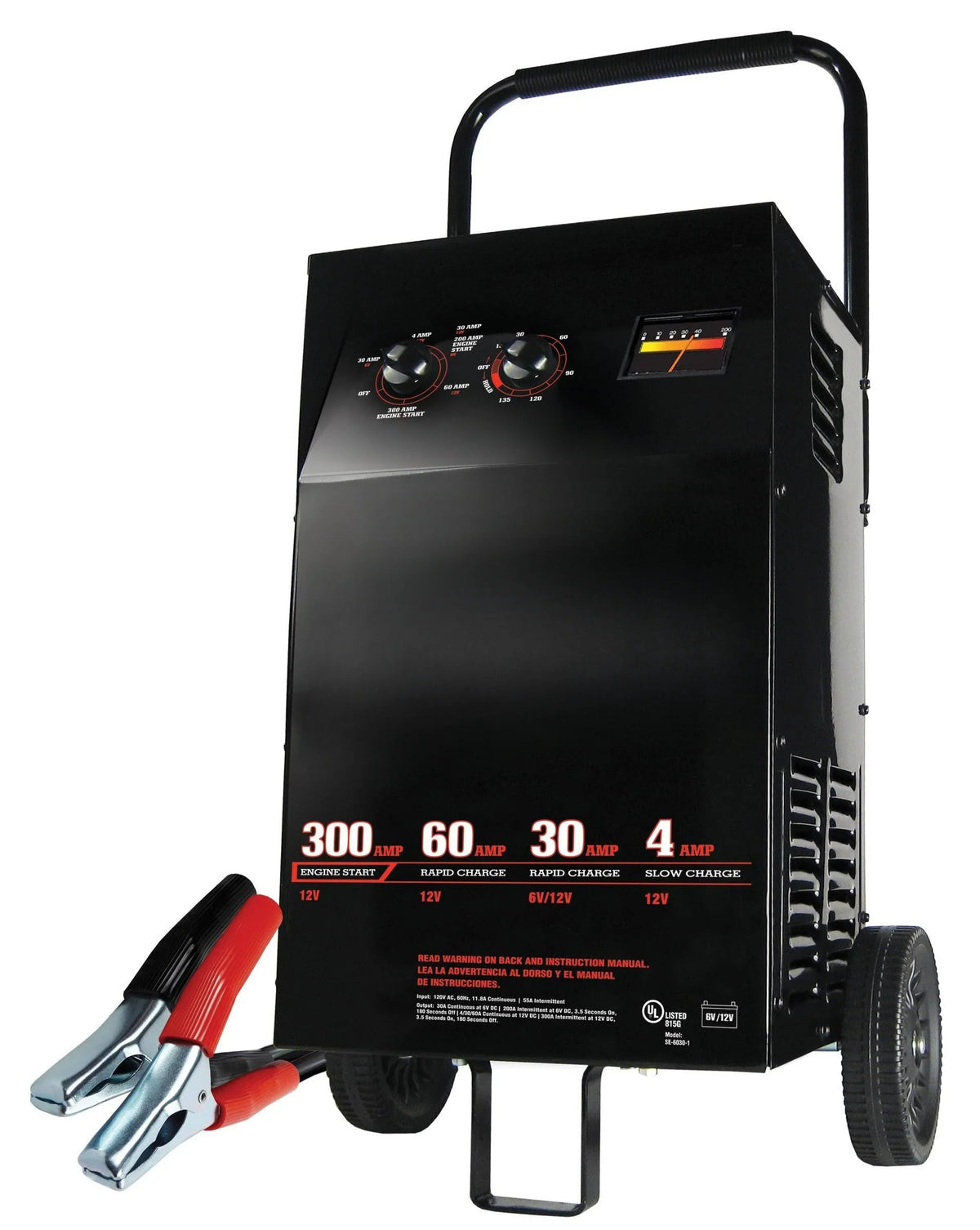 Electric Wheeled Battery Charger and Engine Starter, 2-in-1, manual timer control, 300 crank amps, 6 volts, 12 volts, for car, SUV, truck and Marine batteries - image 1