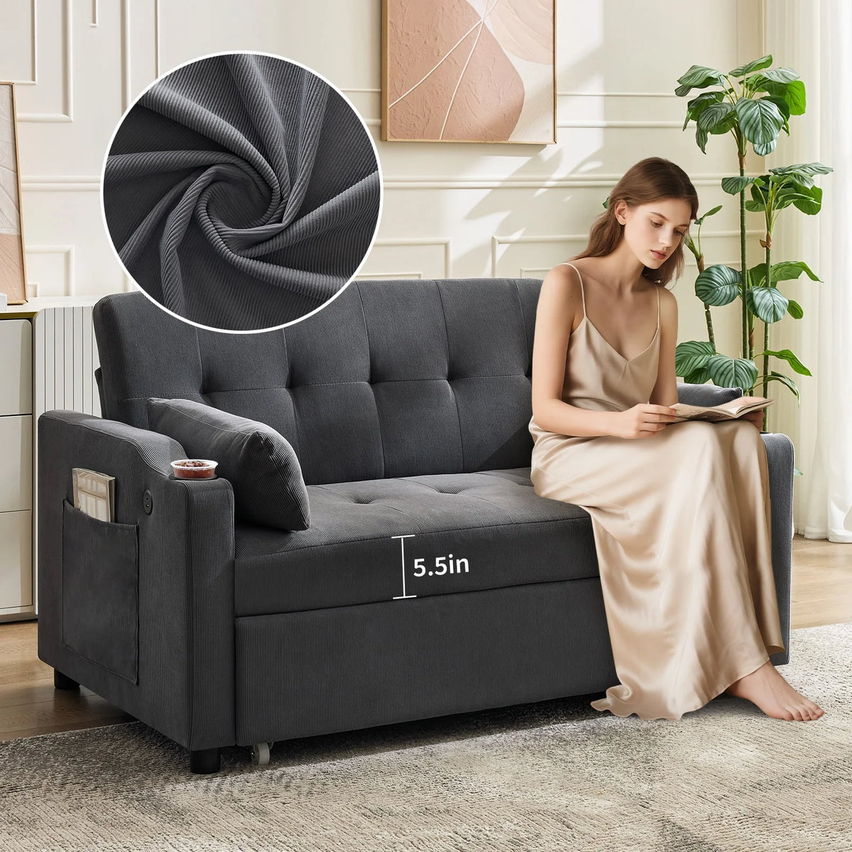 3 in 1 Convertible Sleeper Sofa Bed, Corduroy Futon Couches with Pull-Out Bed, Adjustable Backrest, Charging Port & Side Pockets, Modern Upholstered Sofa for Living Room, Guest Room - image 29
