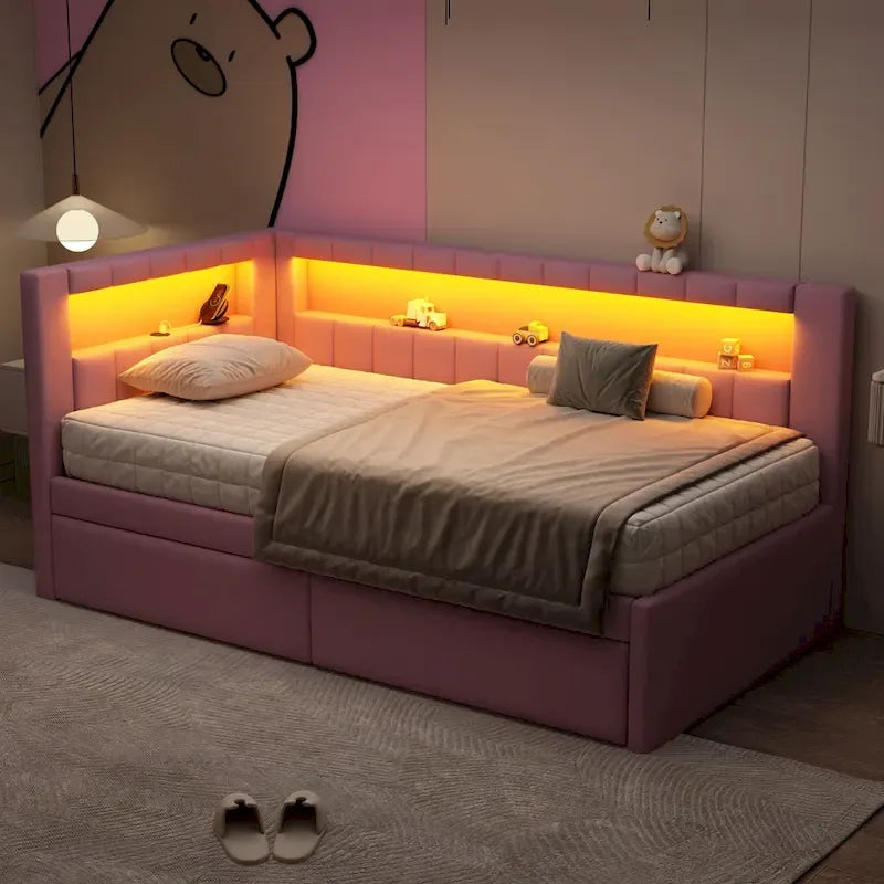 Upholstered Platform Bed with USB Ports & LED Lighting - Full/Twin Size Bed Frame with 2 Storage Drawers - Modern Bedroom - image 17