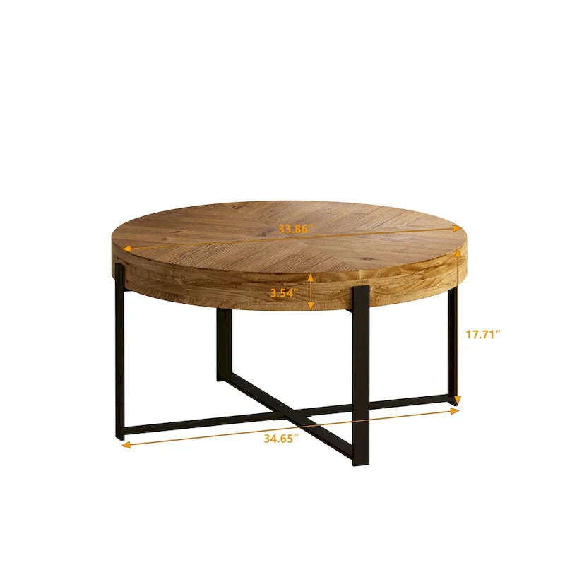 33.86" Modern Retro Round Coffee Table with Cross-Leg Base and Wooden Splicing Design - image 7