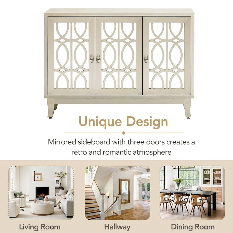 Mirrored Buffet Cabinet with Glass Doors and Silver Handles - 3-Door Sideboard for Living Room, Hallway, and Dining Room - image 9