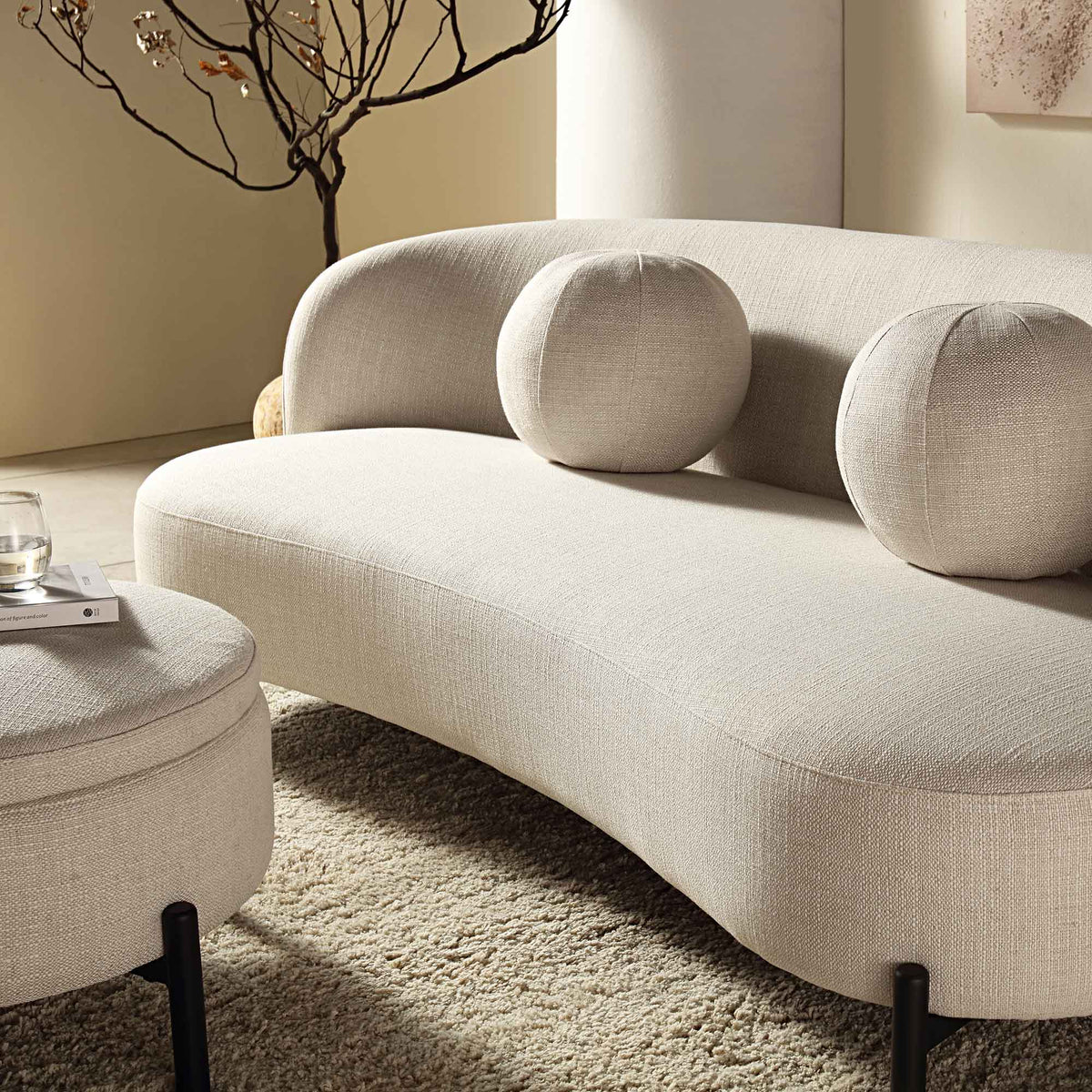 3-Seater Curved Sofa with Ball Cushions, Beige Linen Blend - image 5