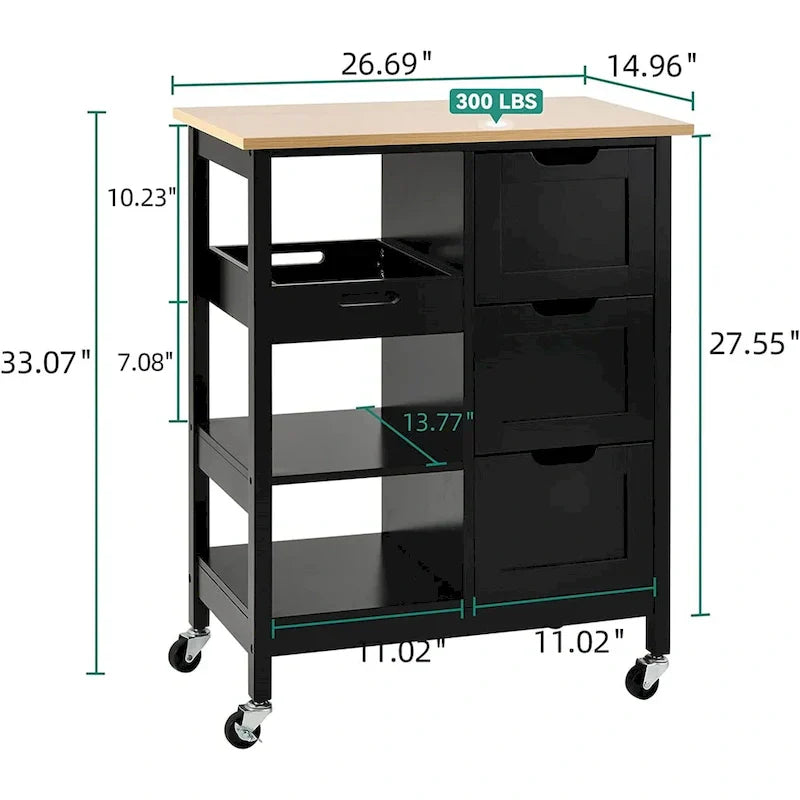 Kleio Solid Wood Kitchen Island Storage Cart with 3 Drawers - Rolling Serving Trolley - image 16