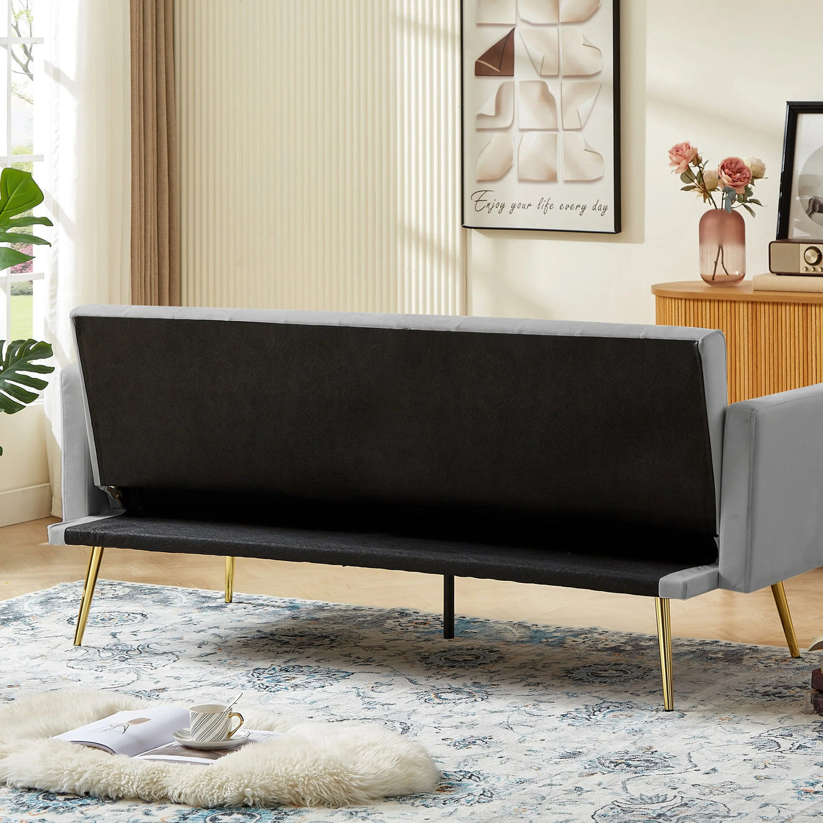 Leumius Velvet Futon Sofa Bed Mid-Century Modern Adjustable Backrest with Pillows, Gray/Gold - image 2