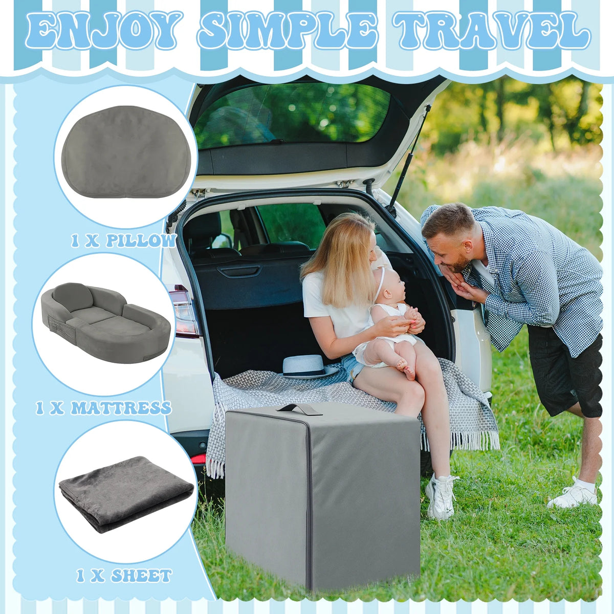 Coumy Toddler Travel Bed 2-in-1 Kids Sofa Chair with Removable Cover, Soft Foam Portable Foldable Toddler Bed for Travel with Carrying Bag, Blue - image 9