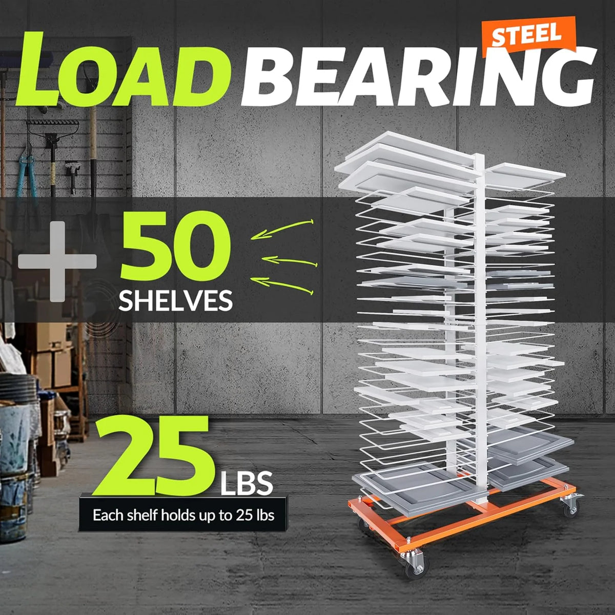 50-Shelf Paint Drying Rack with Wheels, 25lbs/Shelf, Orange/White - image 3