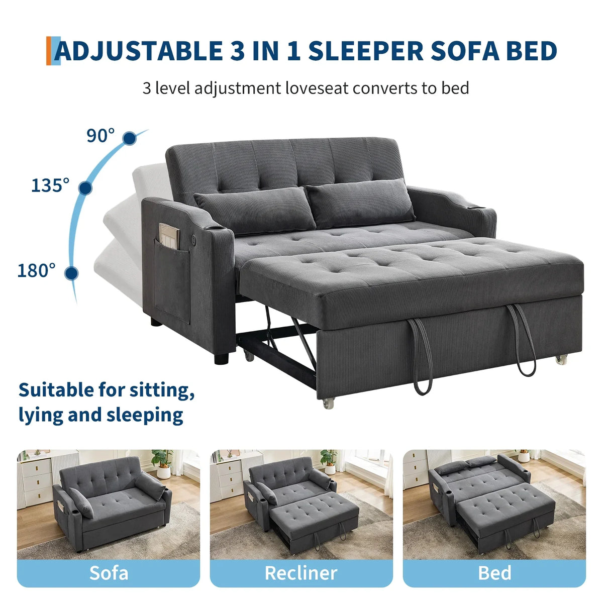 3 in 1 Convertible Sleeper Sofa Bed, Corduroy Futon Couches with Pull-Out Bed, Adjustable Backrest, Charging Port & Side Pockets, Modern Upholstered Sofa for Living Room, Guest Room - image 24