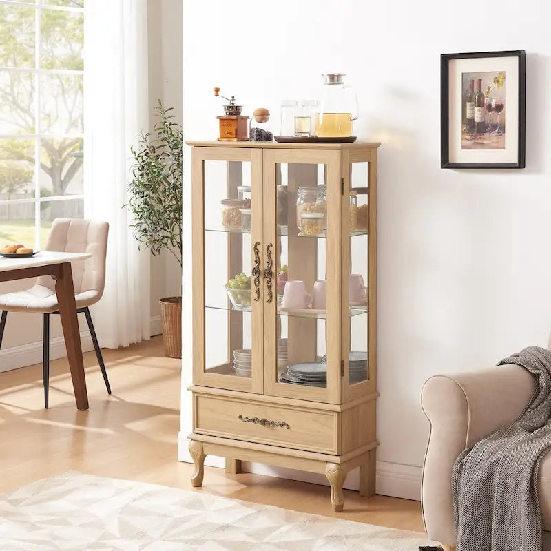 Illuminated Glass Curio Display Cabinet with Adjustable Shelves, Double Doors, and Drawer - Glass Wine Storage Solution - image 15