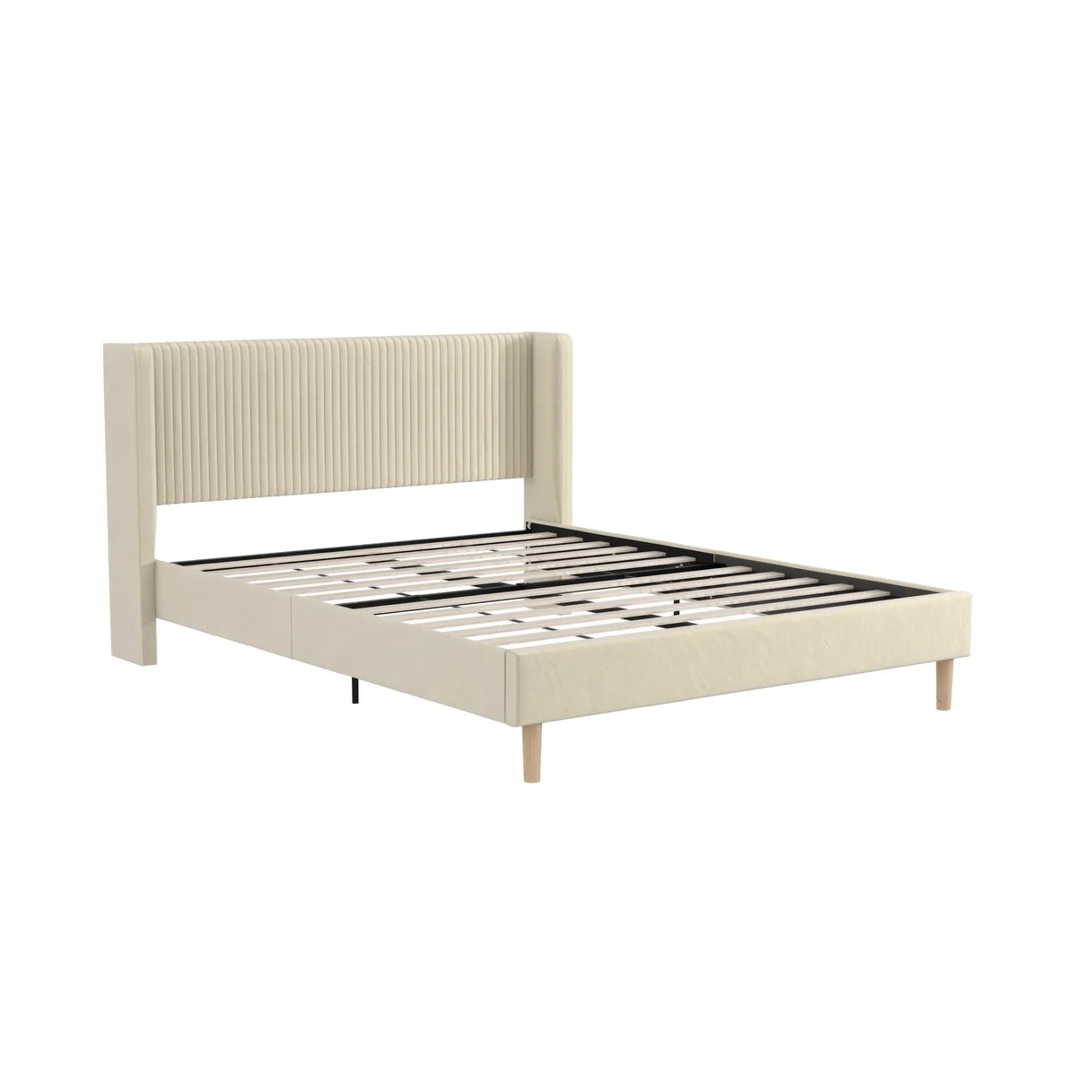 Mainstays Kelsey Upholstered Platform Bed Frame with Tufted Wingback Headboard, No Box Spring Required, Queen, Cream Velvet - image 5