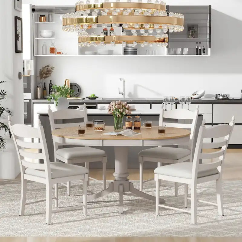 5-Piece Retro Wood Dining Set: Round Extendable Table with 4 Upholstered Chairs - image 4