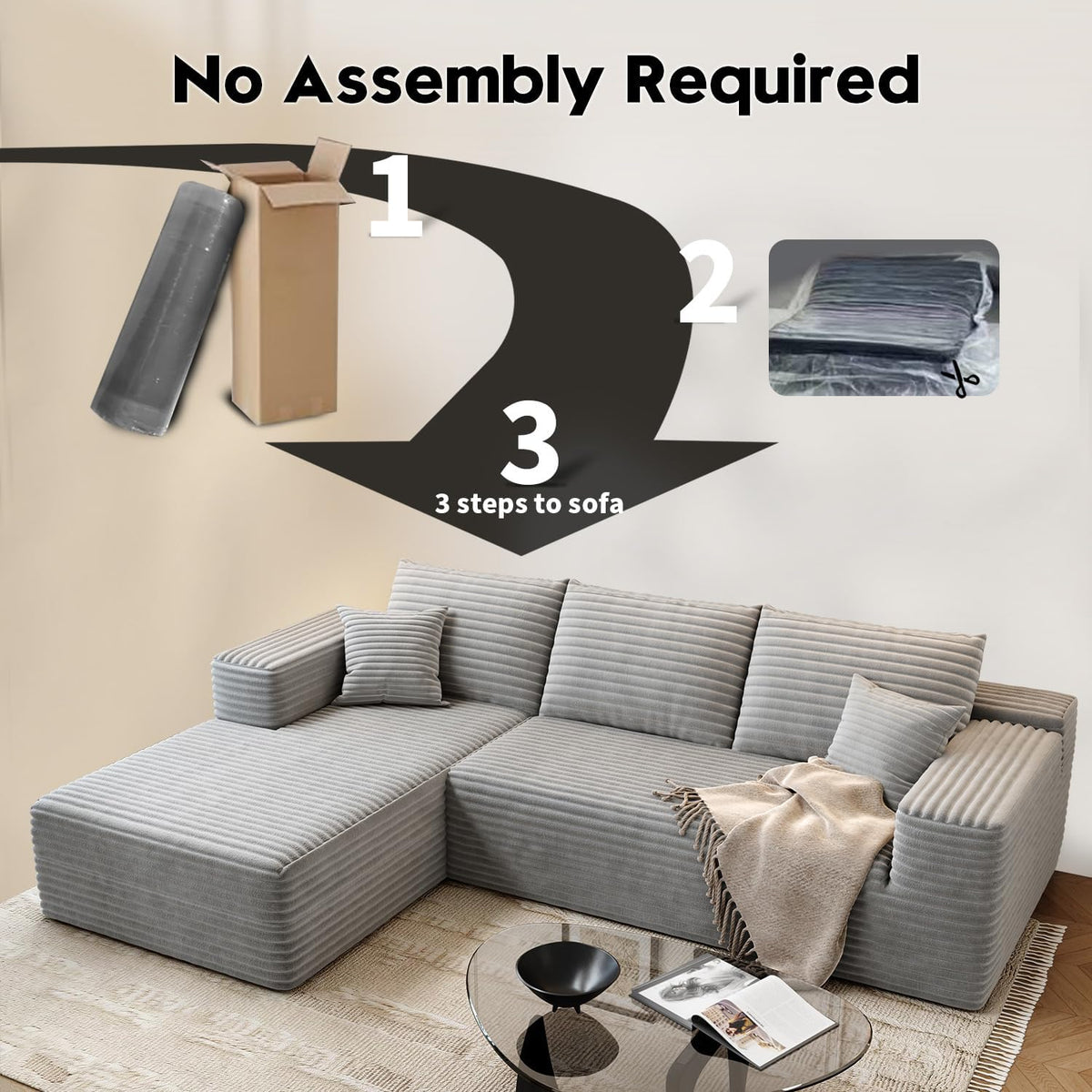 107.5" Cloud Modular Sectional Sofa Couch with L-Shape Chaise,Modern Minimalist Upholstered Couches for Living Room Bedroom,Deep Seat Corner Couch .No Assembly Required (Black,Left Facing Chaise) - image 69