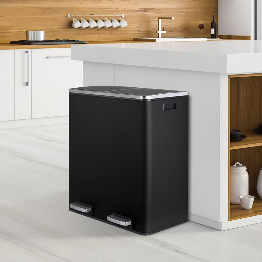 Arlopu 60 L/16 gal Dual Trash Can, Stainless Steel Garbage Can for Kitchen, Recycle Bin with Lid - image 1