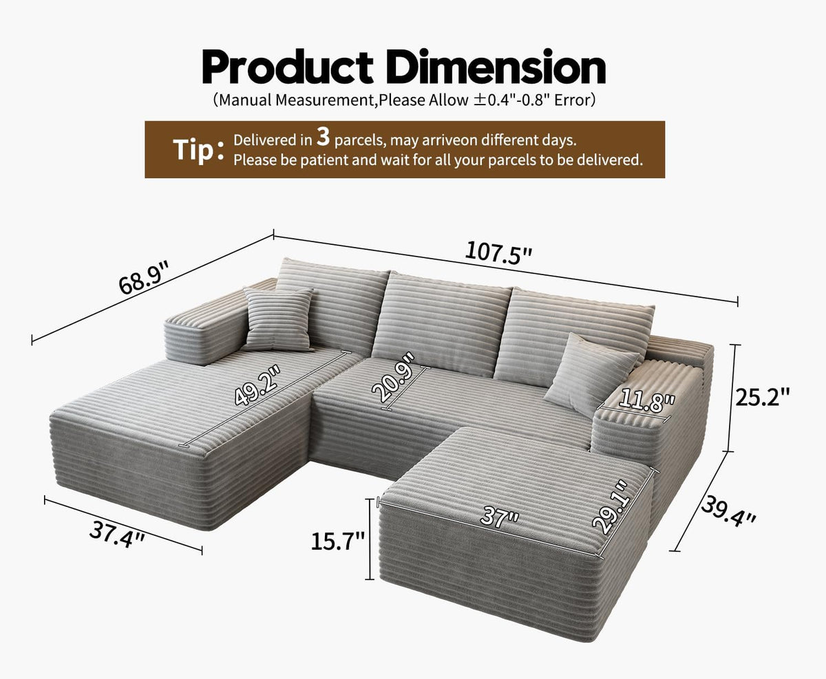 107.5" Cloud Modular Sectional Sofa Couch with L-Shape Chaise,Modern Minimalist Upholstered Couches for Living Room Bedroom,Deep Seat Corner Couch .No Assembly Required (Black,Left Facing Chaise) - image 94