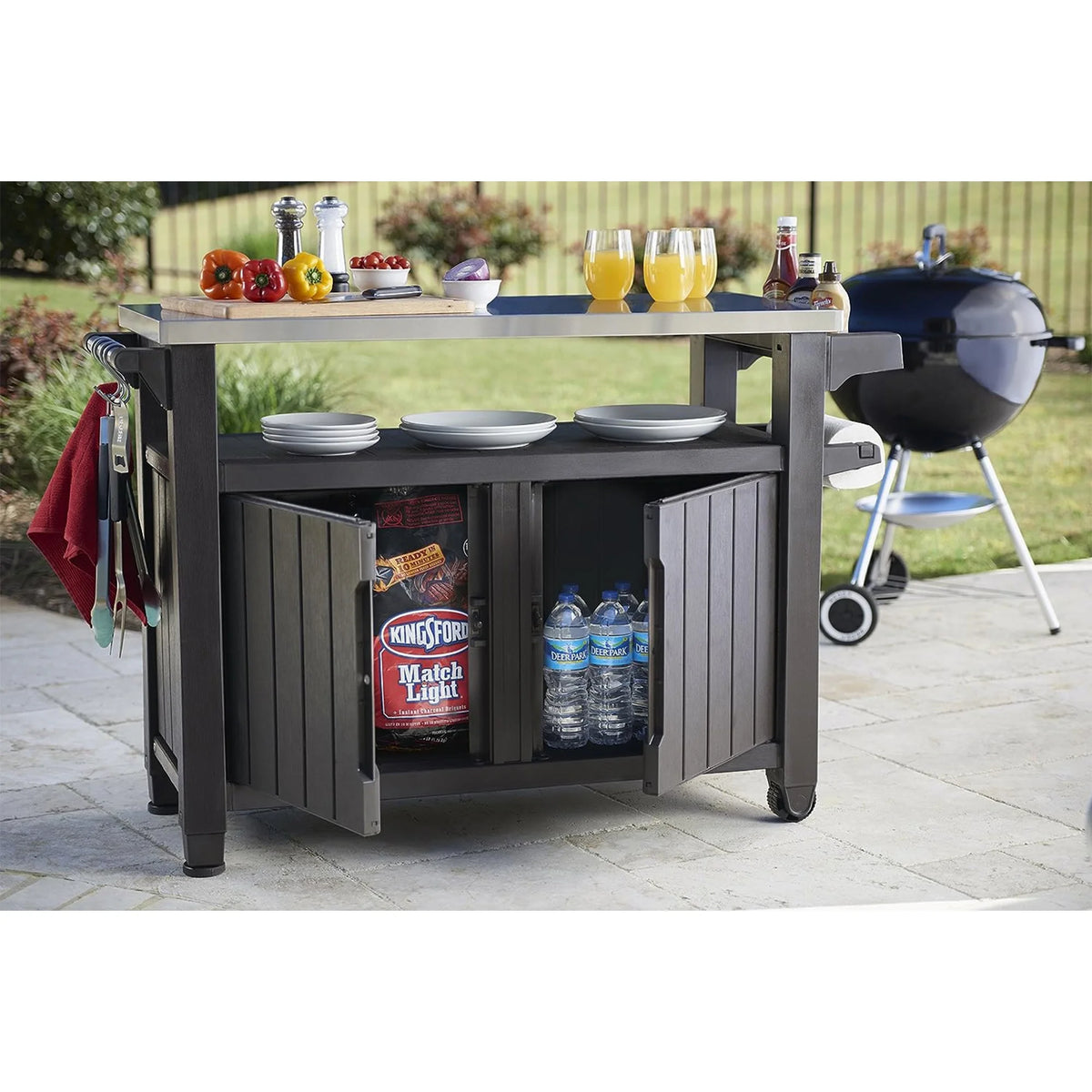 Keter Unity XL Outdoor Durable Kitchen Rolling Bar Cart with Storage Cabinet, Brown - image 7