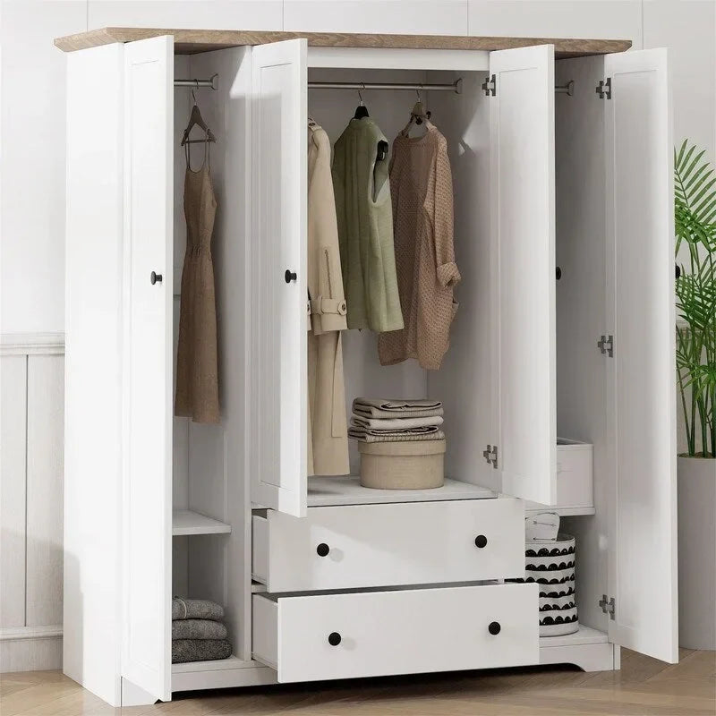 Wooden 4-Door Armoire Closet with 2 Drawers, Hanging Rods, and Shelves – Stylish Bedroom Wardrobe Organizer - image 1