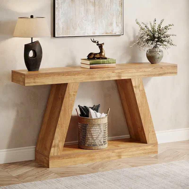 55-Inch Farmhouse Wooden Console Sofa Table with Storage - Dimensions: 11.81" D x 55.12" W x 31.5" H - image 1