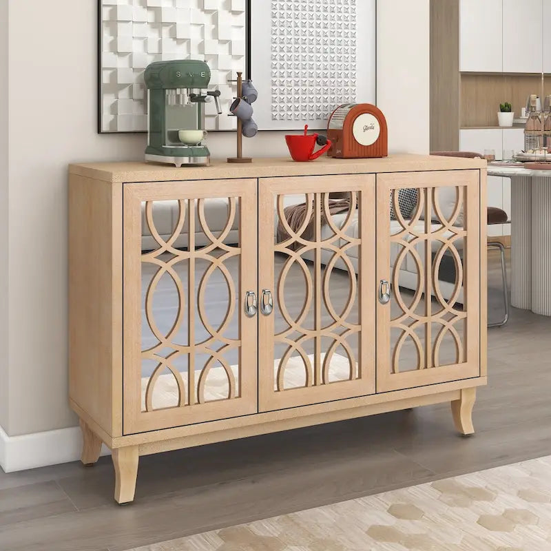 Mirrored Buffet Cabinet with Glass Doors and Silver Handles - 3-Door Sideboard for Living Room, Hallway, and Dining Room - image 15