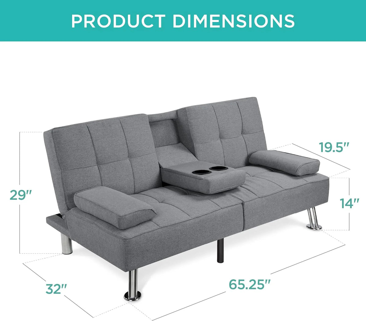 Best Choice Products Linen Upholstered Modern Convertible Folding Futon Sofa Bed for Compact Living Space, Apartment, Dorm, Bonus Room w/Removable Armrests, Metal Legs, 2 Cupholders - Gray - image 35
