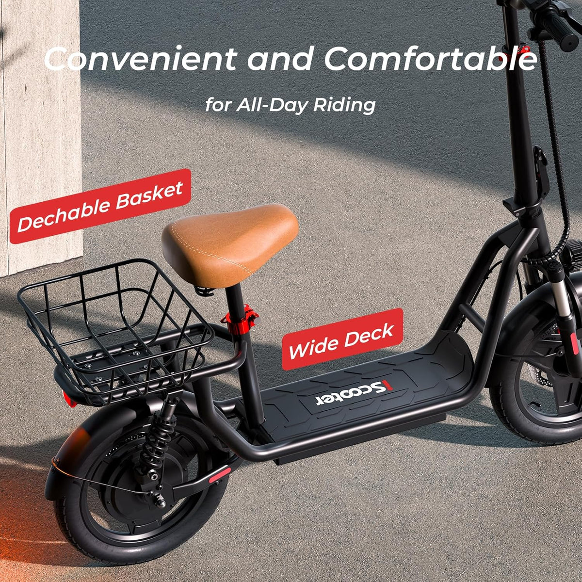 iScooter electric scooter with seat, 37/21 mile range, 28/19/15.6 mph top speed, dual suspension scooter with basket - image 11
