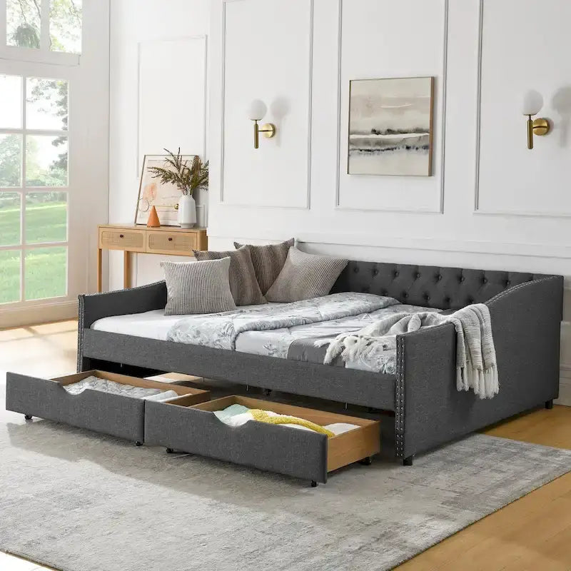 Upholstered Tufted Queen Size Daybed Sofa Bed with Storage Drawers - image 27