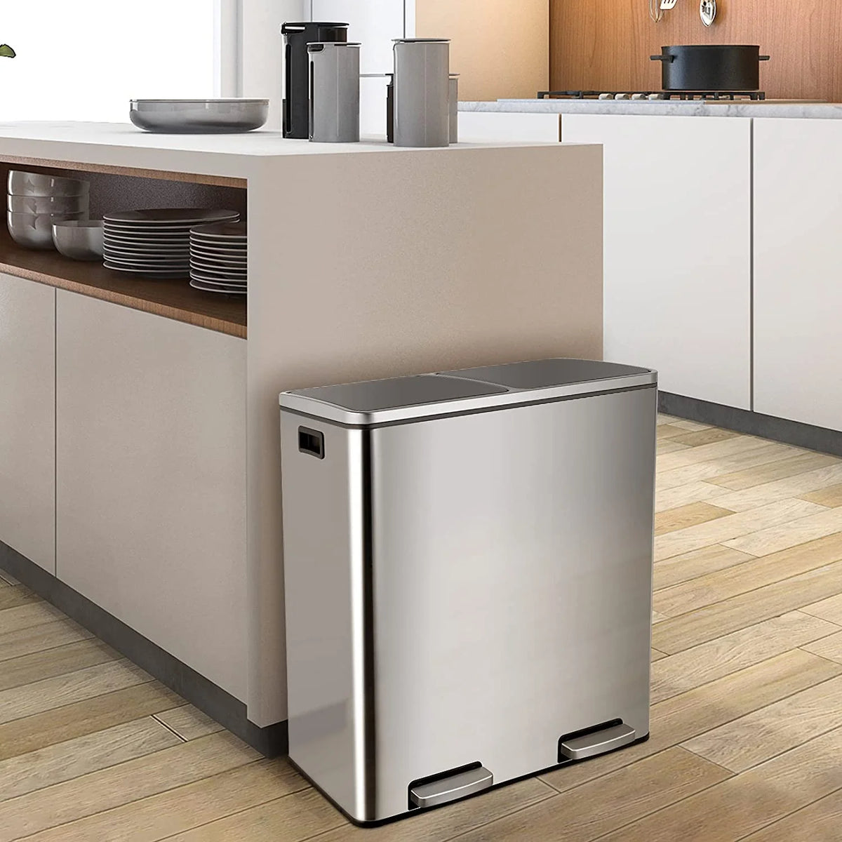 Arlopu 60 L/16 gal Dual Trash Can, Stainless Steel Garbage Can for Kitchen, Recycle Bin with Lid - image 49