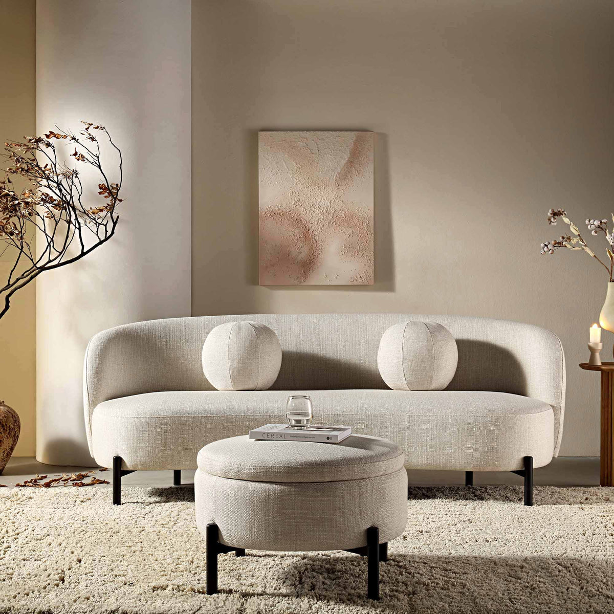 3-Seater Curved Sofa with Ball Cushions, Beige Linen Blend - image 3
