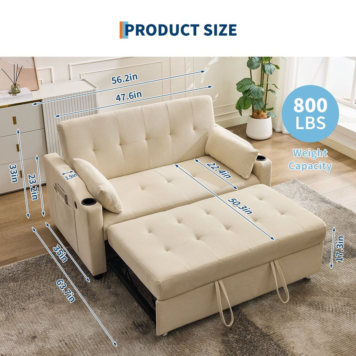 3 in 1 Convertible Sleeper Sofa Bed, Corduroy Futon Couches with Pull-Out Bed, Adjustable Backrest, Charging Port & Side Pockets, Modern Upholstered Sofa for Living Room, Guest Room - image 13